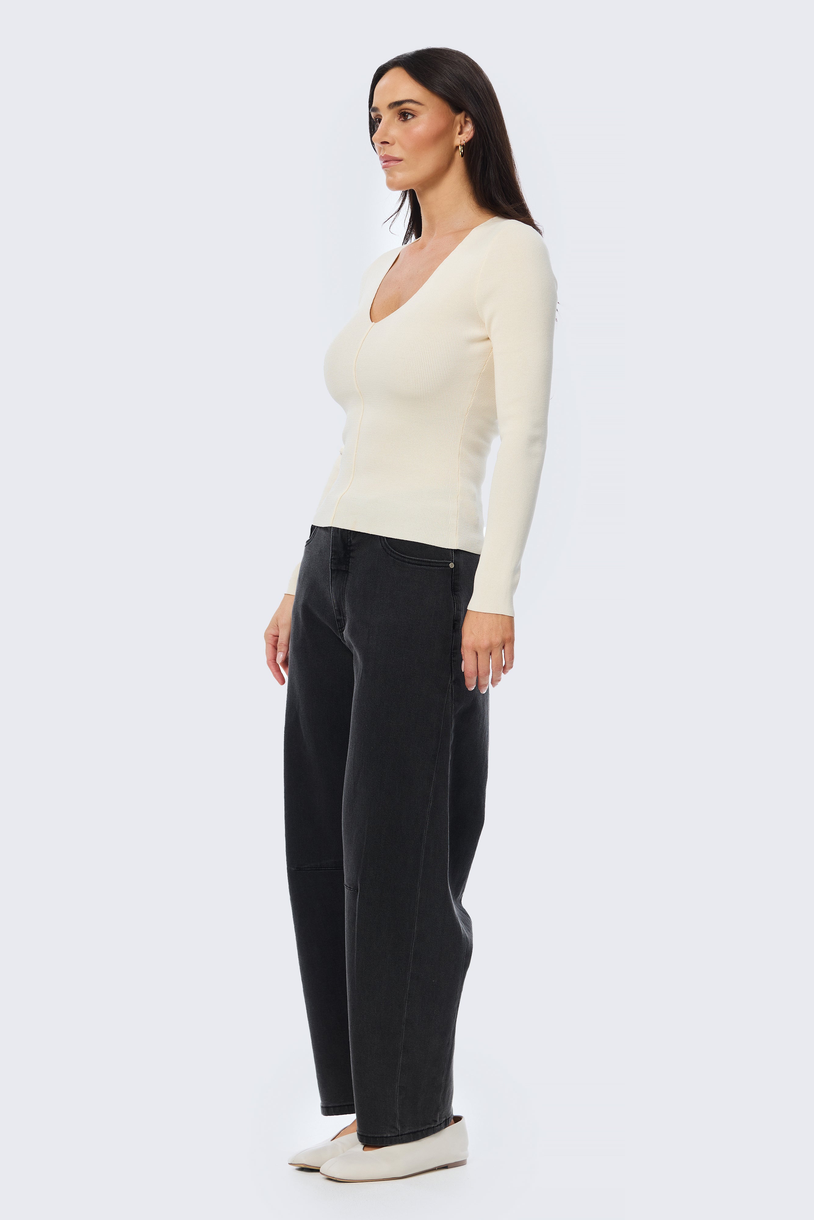 V Neck Long Sleeve Knit Top - Ecru - Image 5