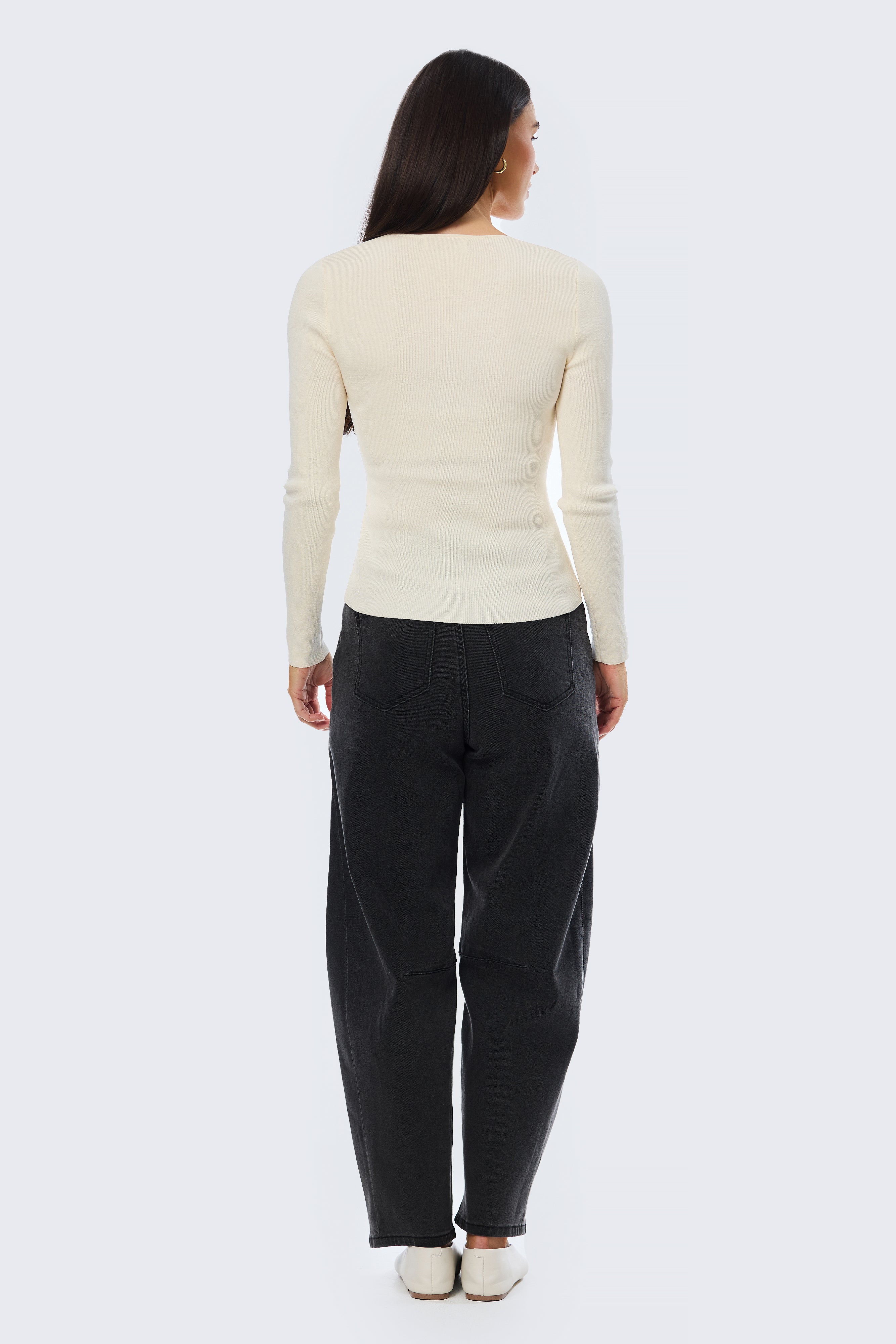 V Neck Long Sleeve Knit Top - Ecru - Image 6
