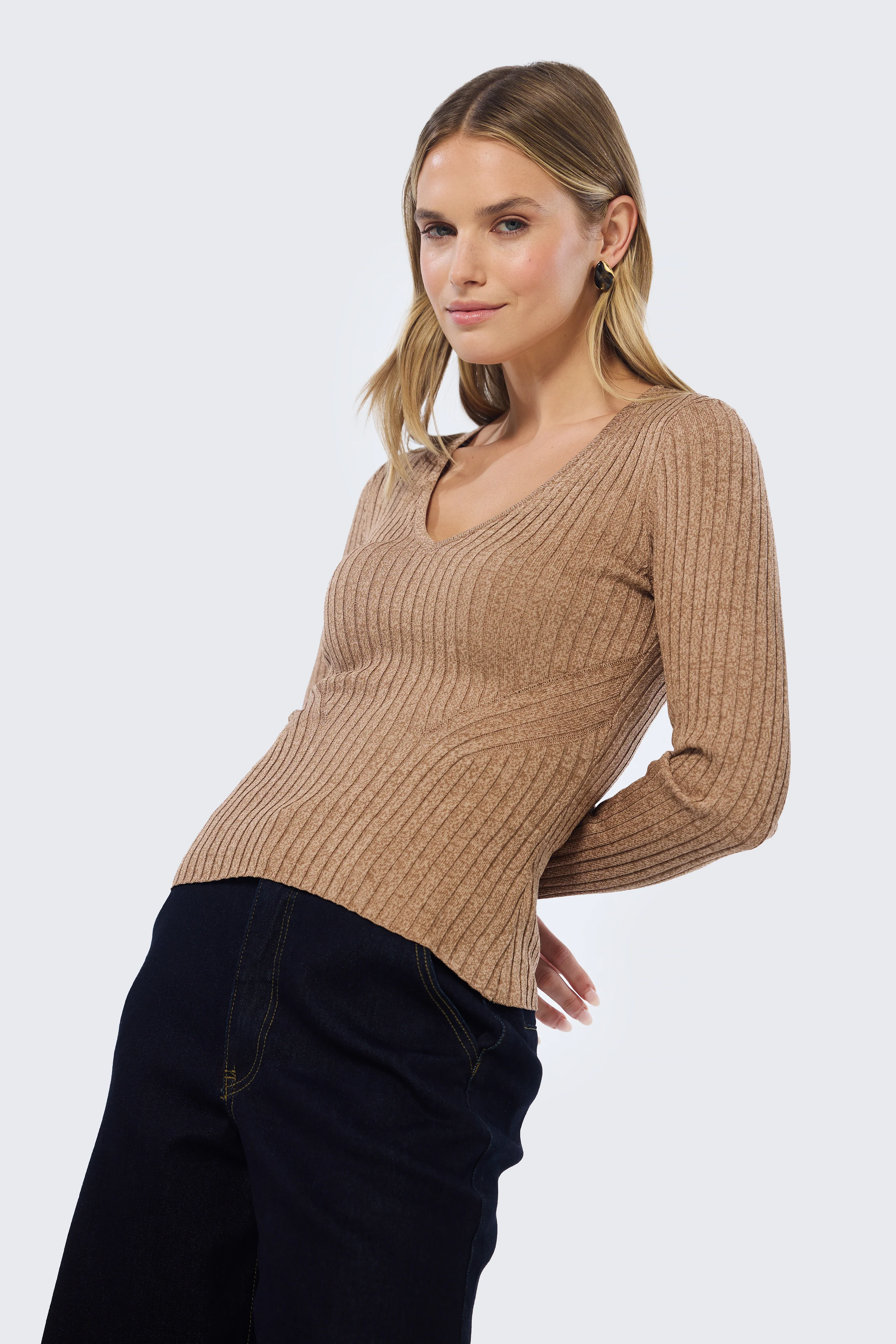 V Neck Long Sleeve Ribbed Top - Biscuit Marl - Image 8