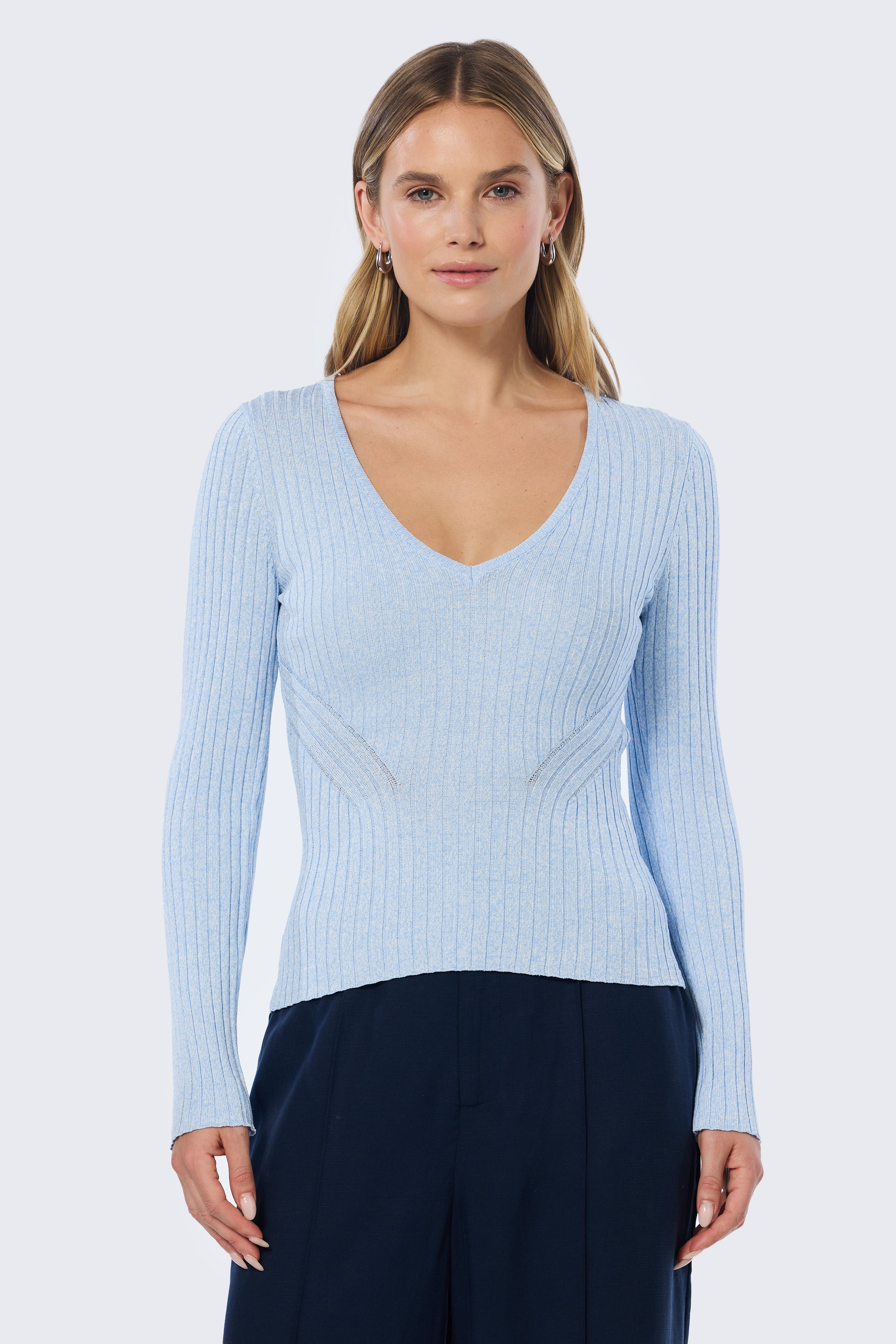 V Neck Long Sleeve Ribbed Top - Sky Blue Marl
