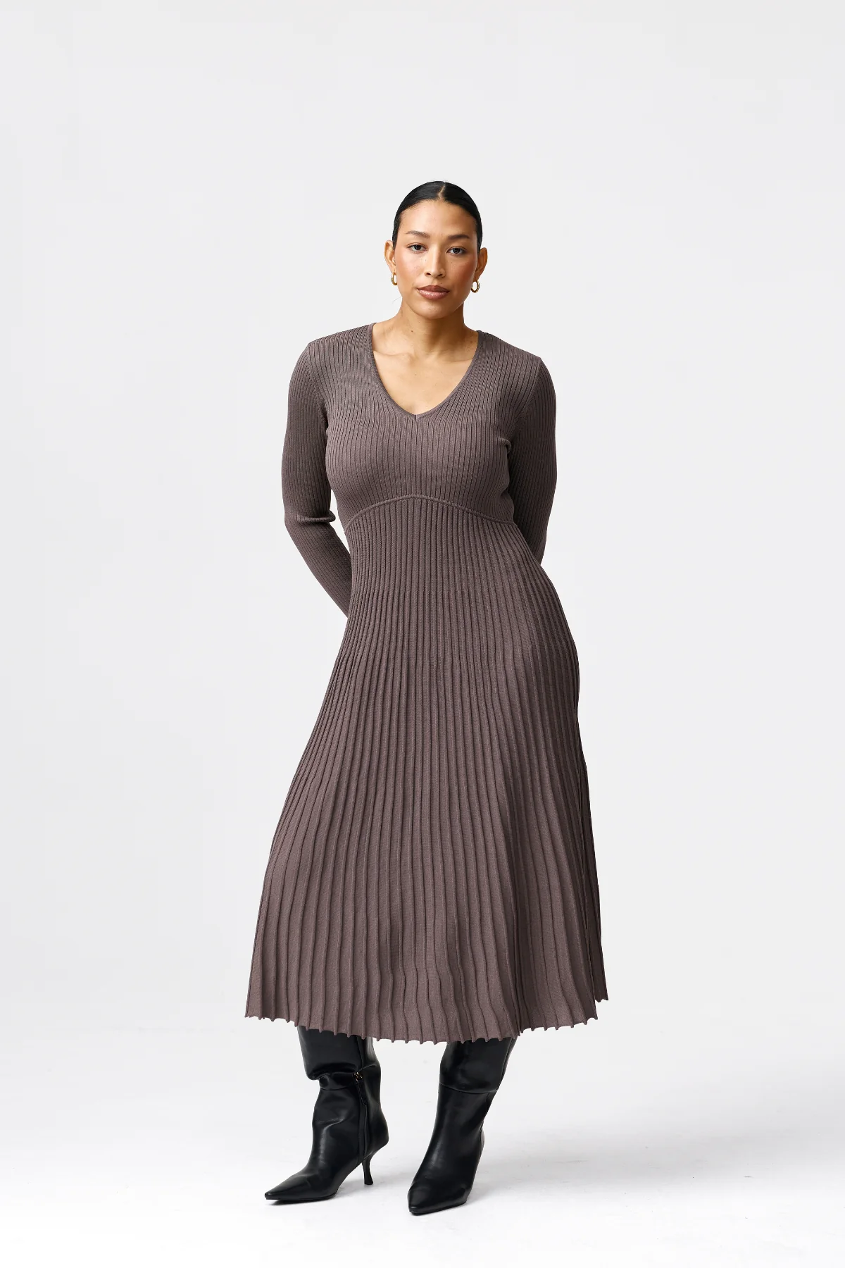 V Neck Ribbed Knit Dress - Fudge