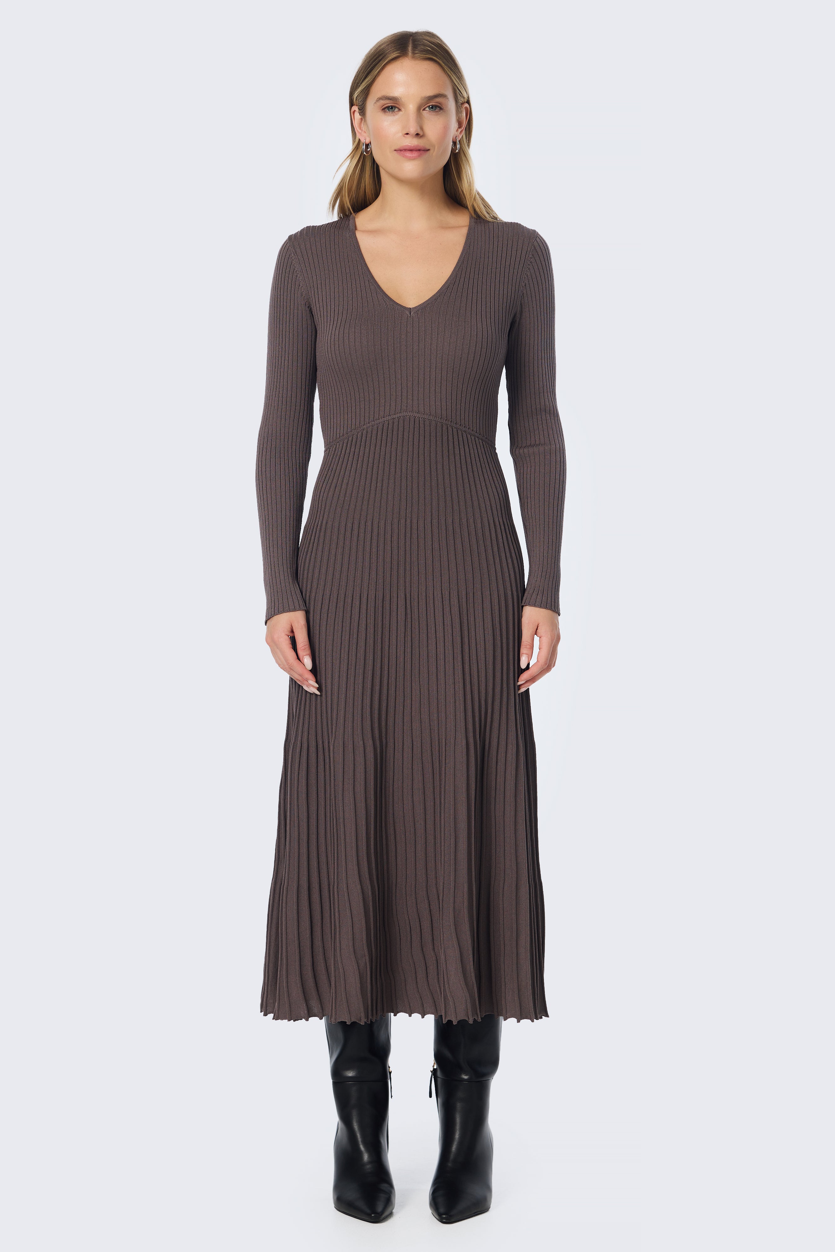 V Neck Ribbed Knit Dress - Fudge - Image 2