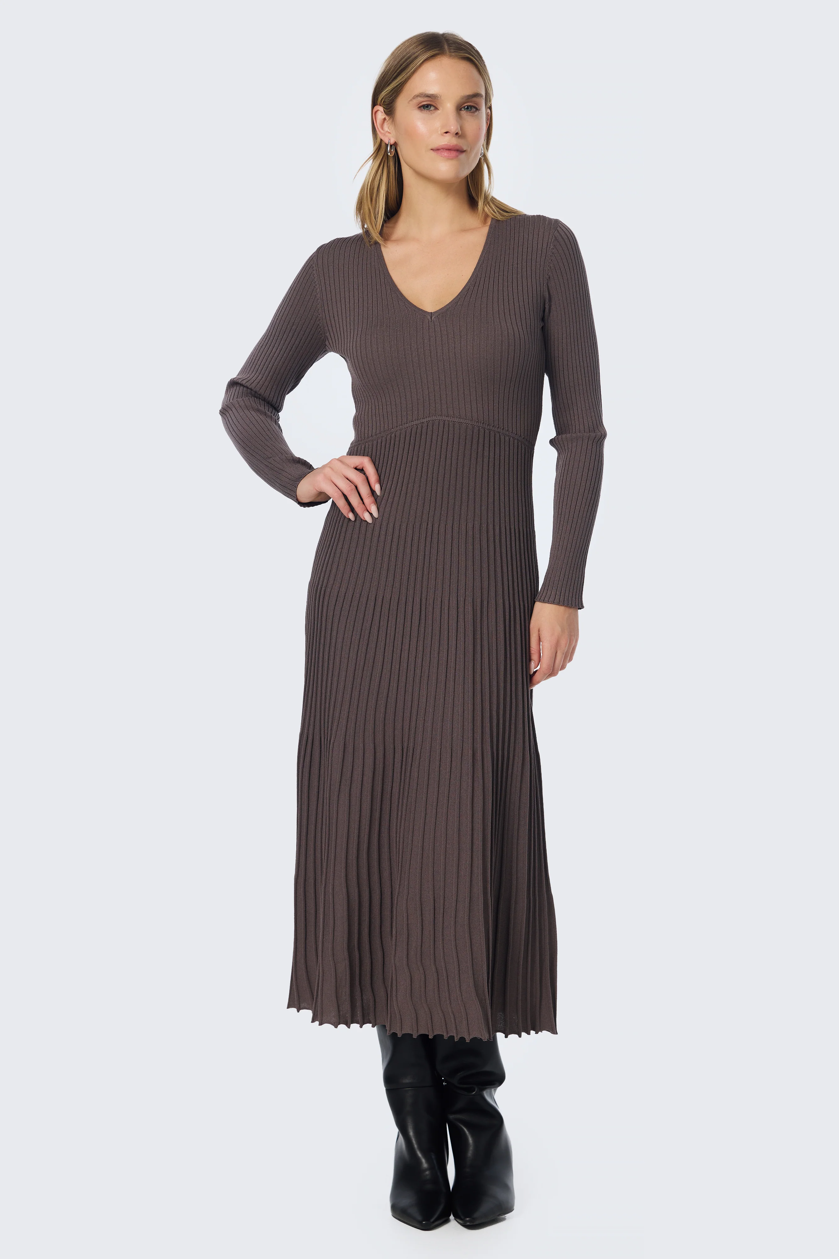 V Neck Ribbed Knit Dress - Fudge - Image 4