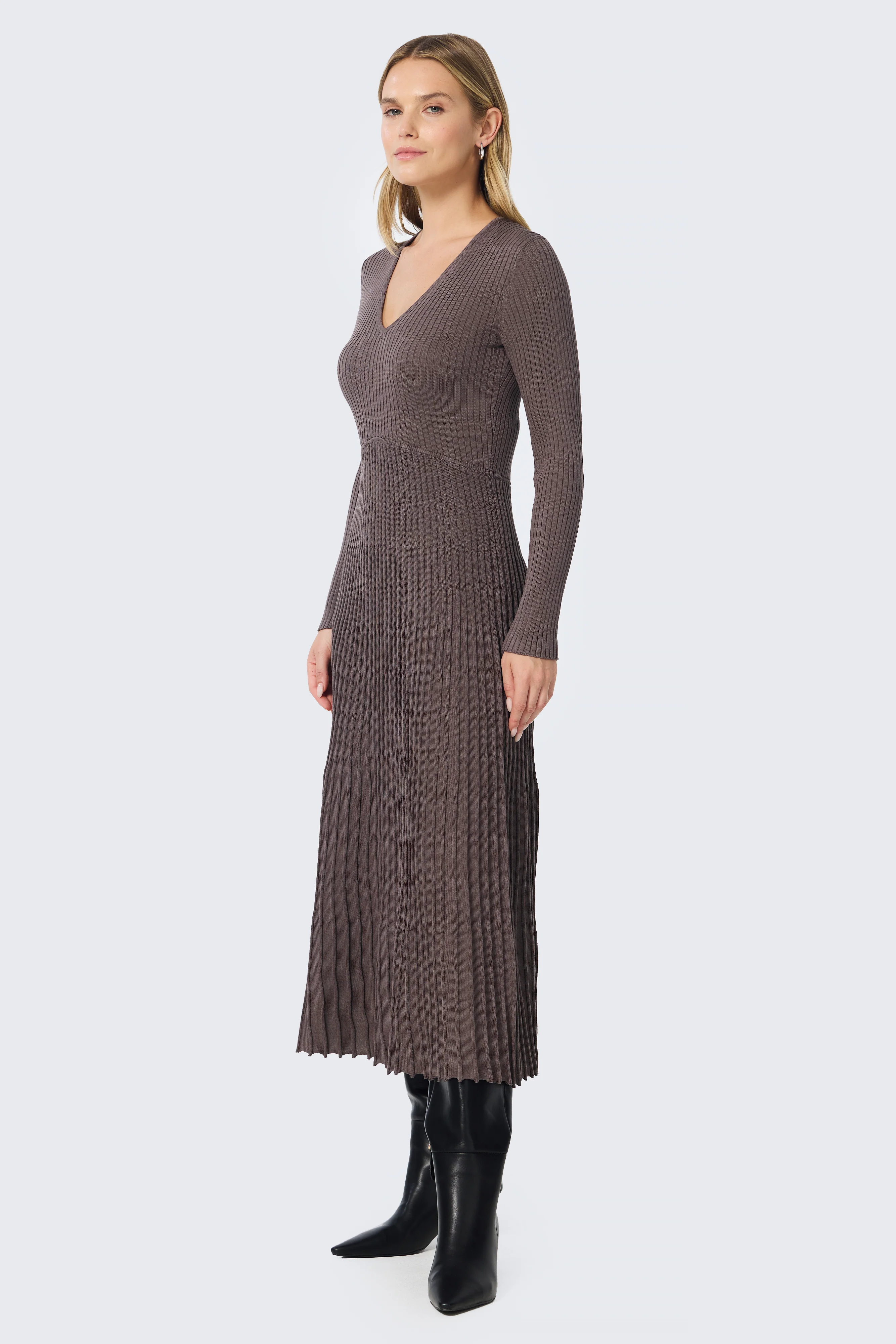 V Neck Ribbed Knit Dress - Fudge - Image 5