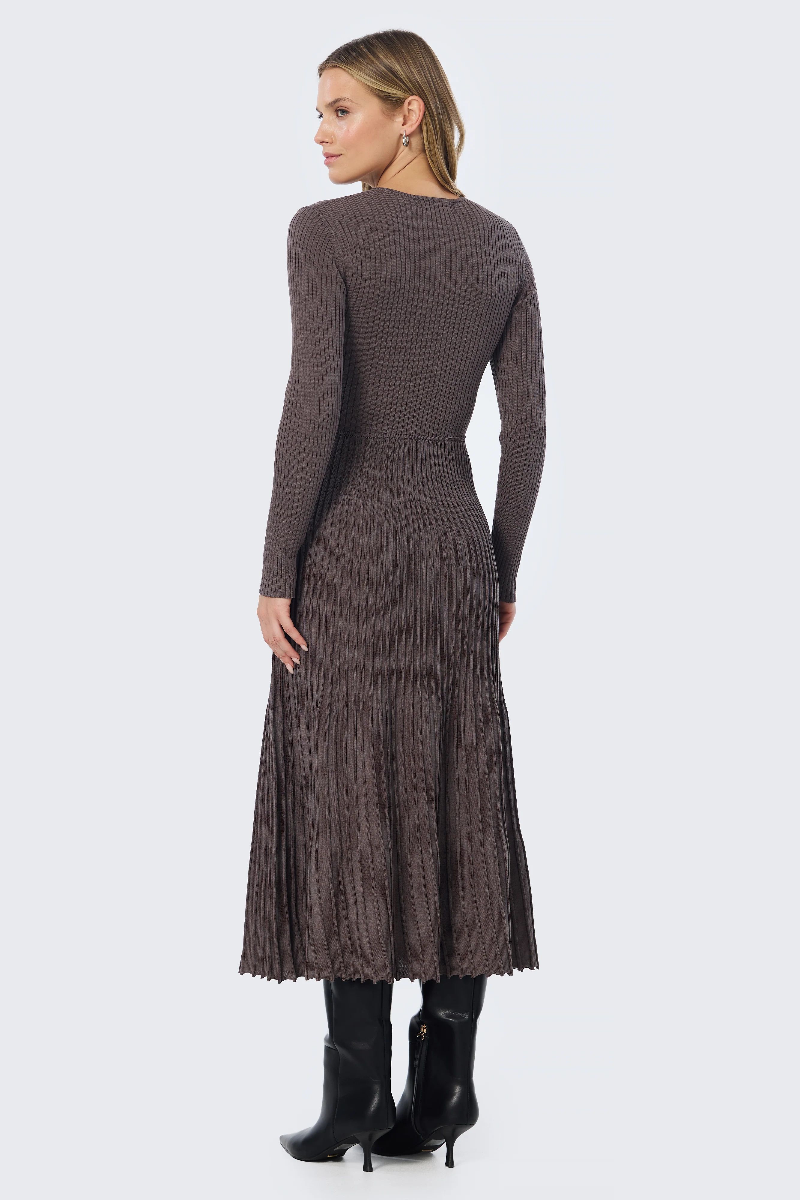 V Neck Ribbed Knit Dress - Fudge - Image 6