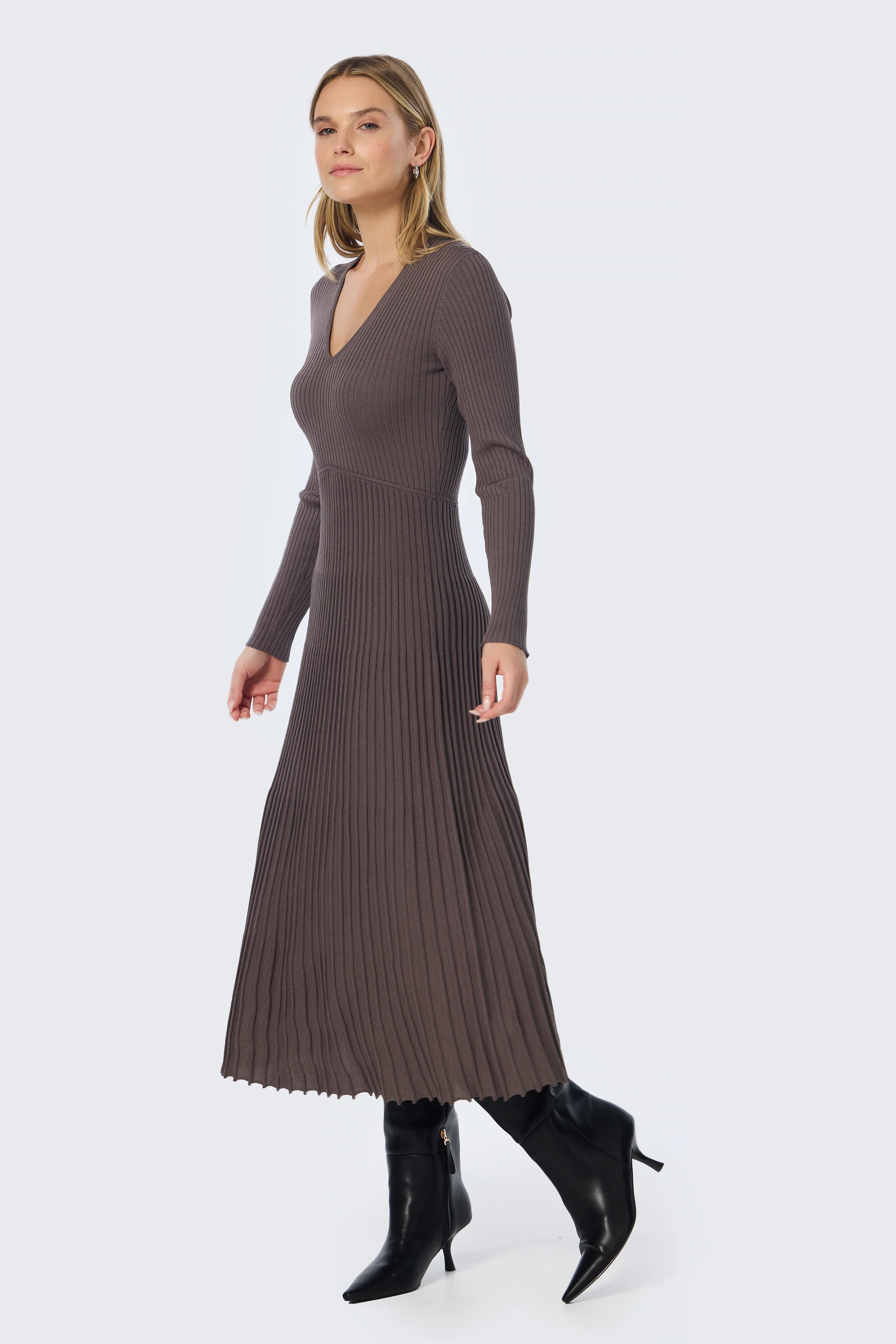 V Neck Ribbed Knit Dress - Fudge - Image 7