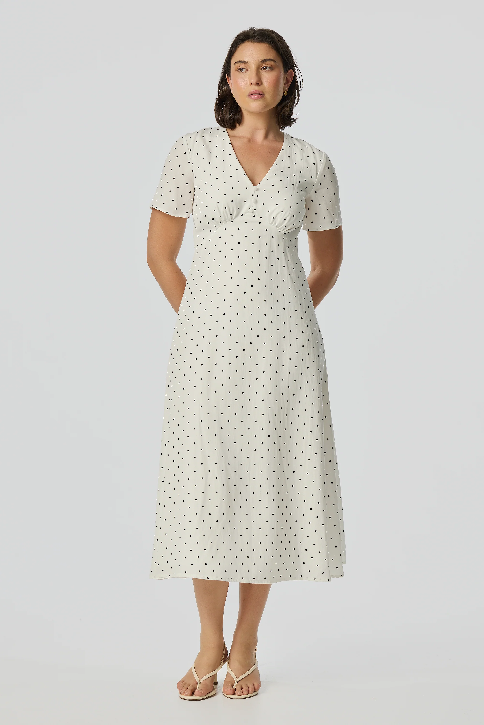 V Neck Short Sleeve Dress - White/Black Spot - Image 7