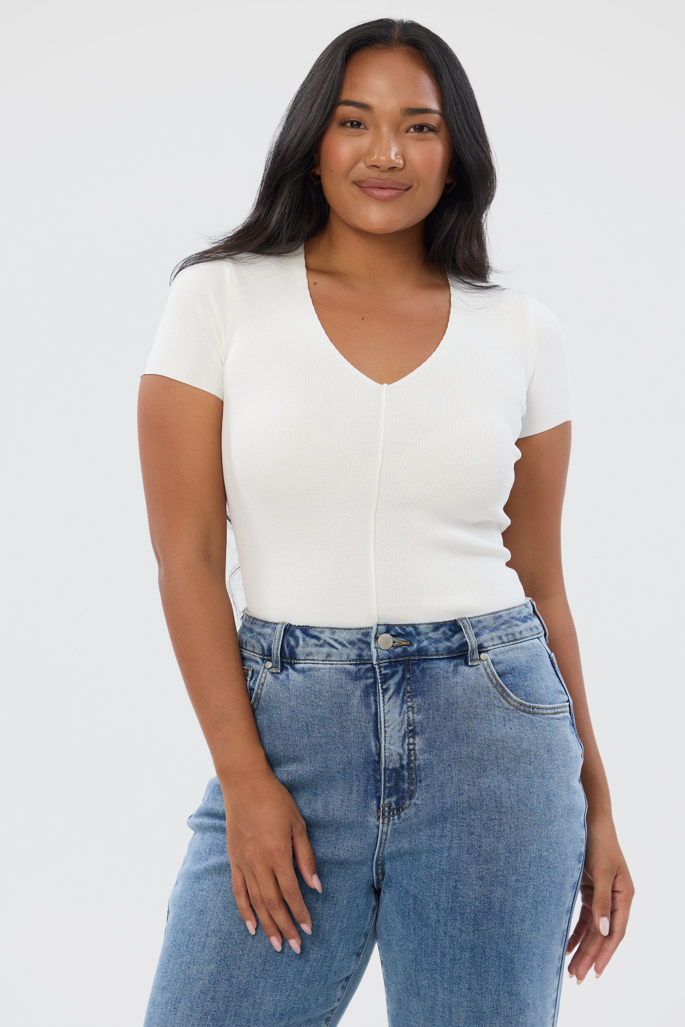 V Neck Short Sleeve Knit Top - White - Image 5