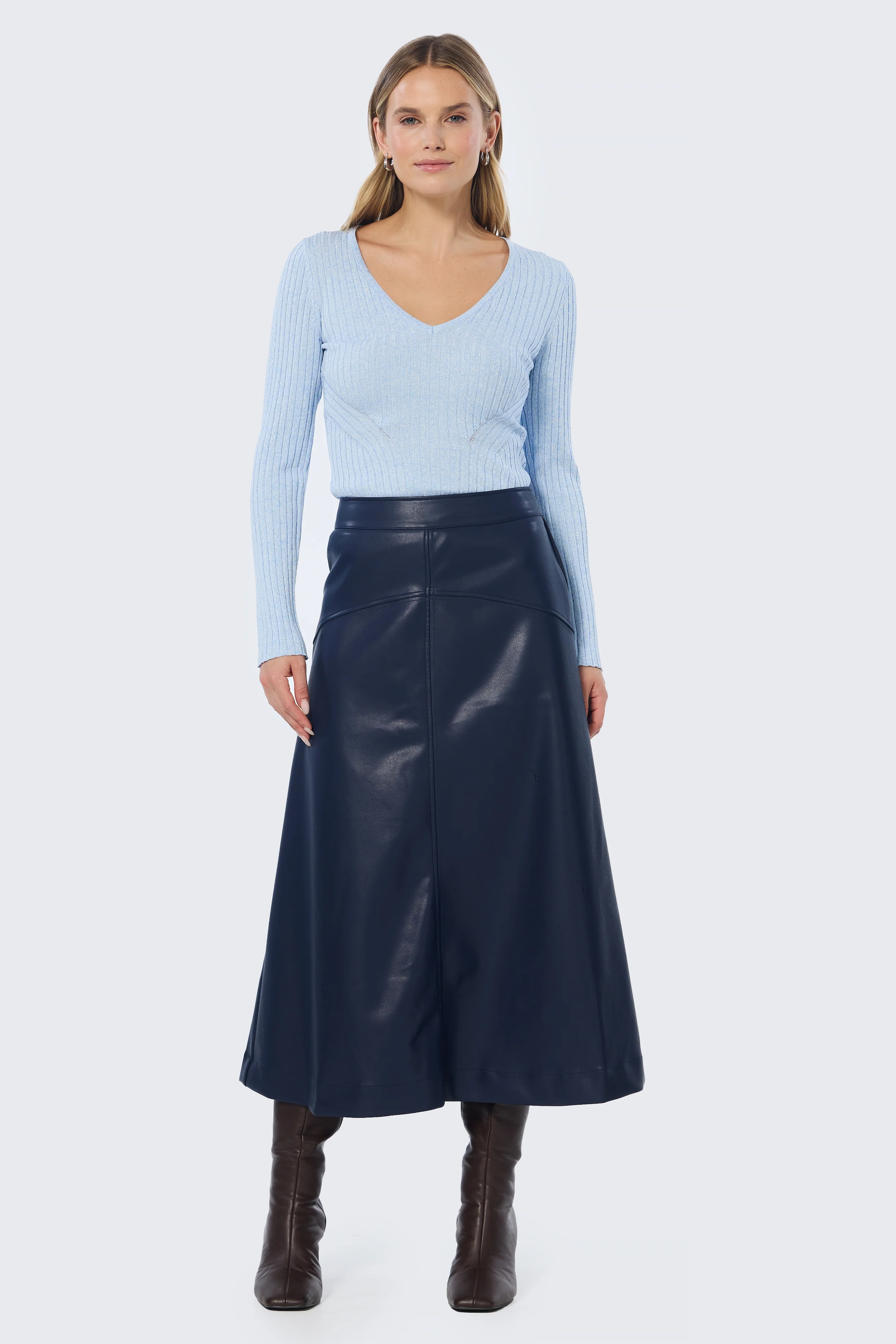Vegan Leather A-Line Skirt - Navy - Image 3