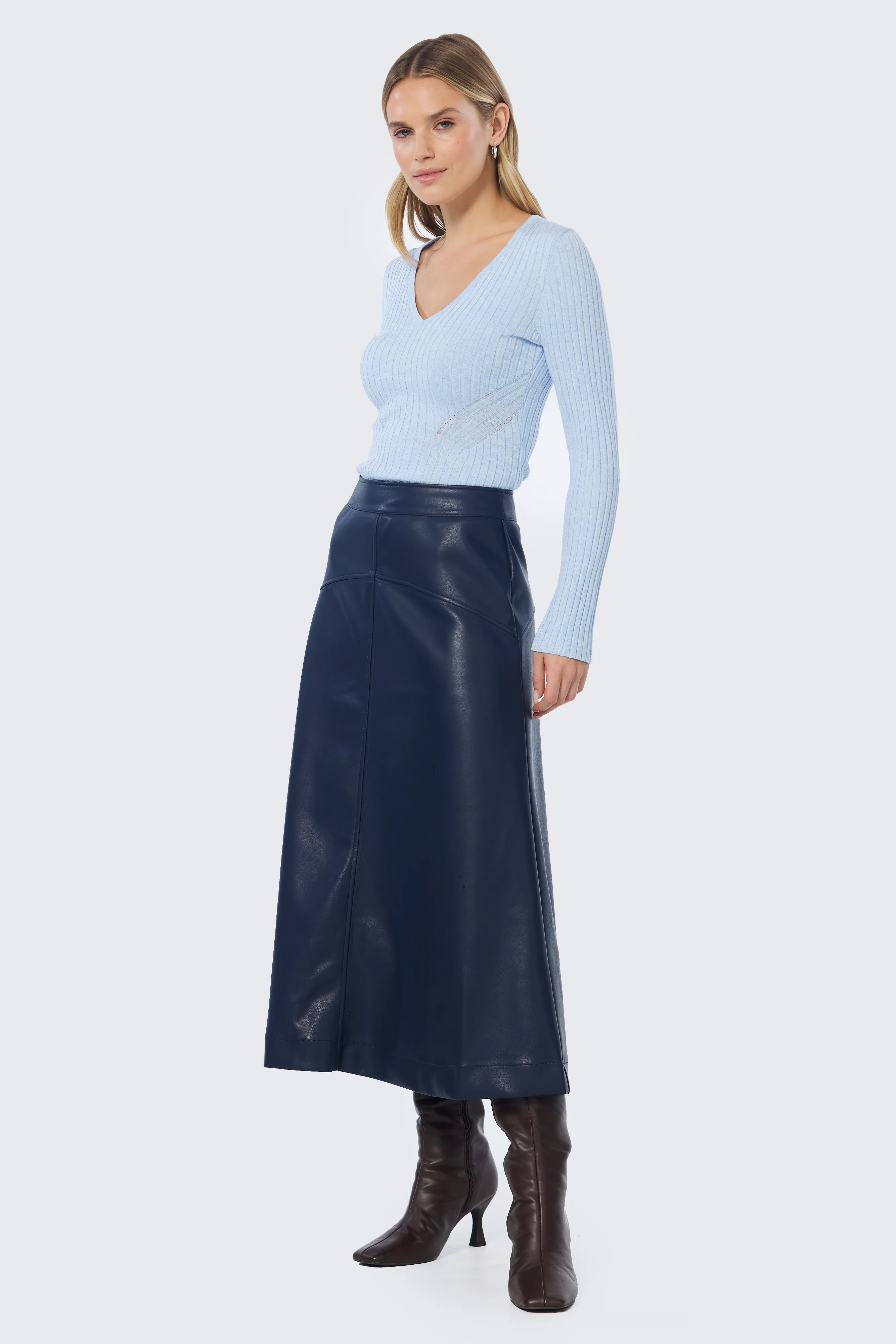 Vegan Leather A-Line Skirt - Navy - Image 4