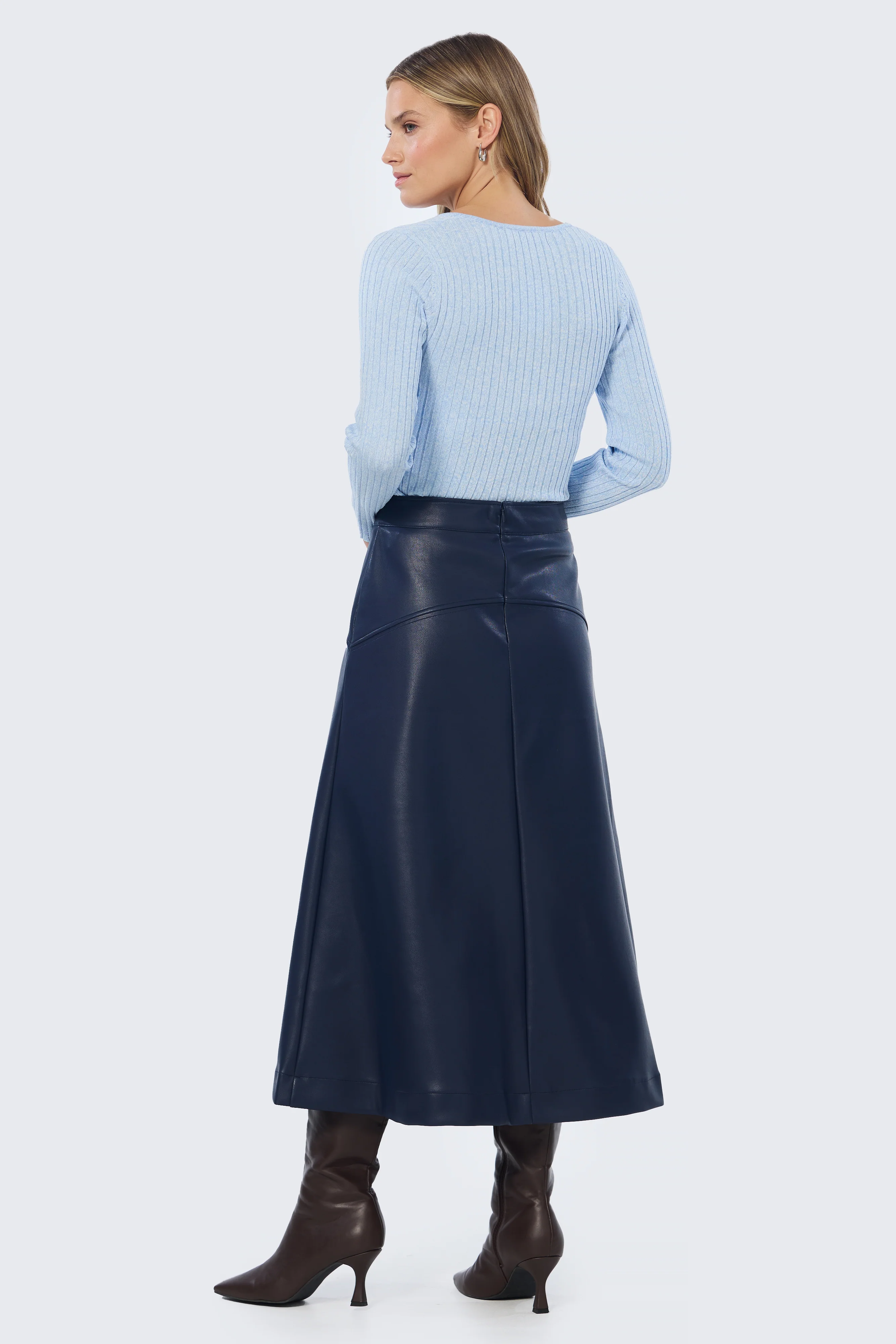 Vegan Leather A-Line Skirt - Navy - Image 5