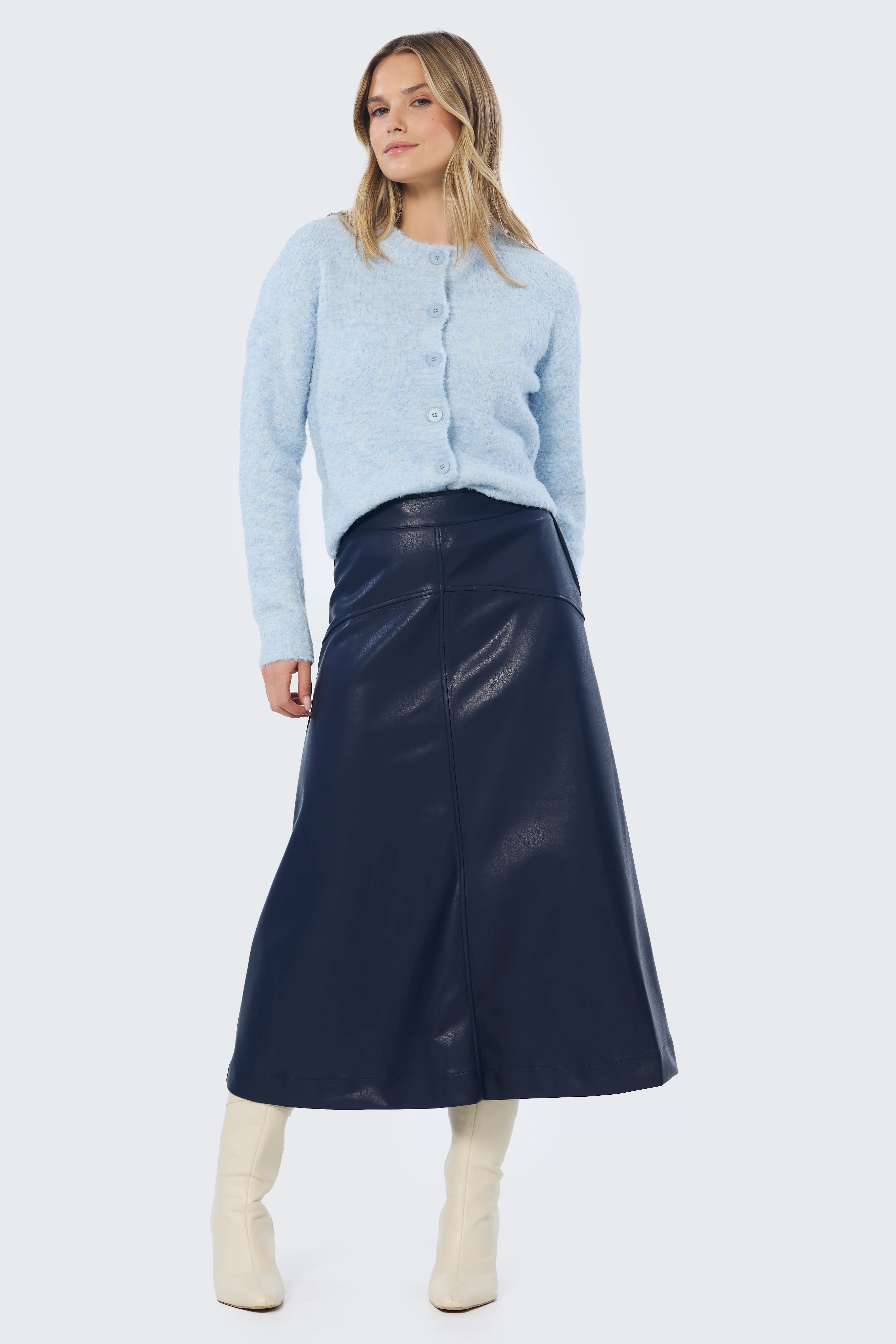 Vegan Leather A-Line Skirt - Navy - Image 6