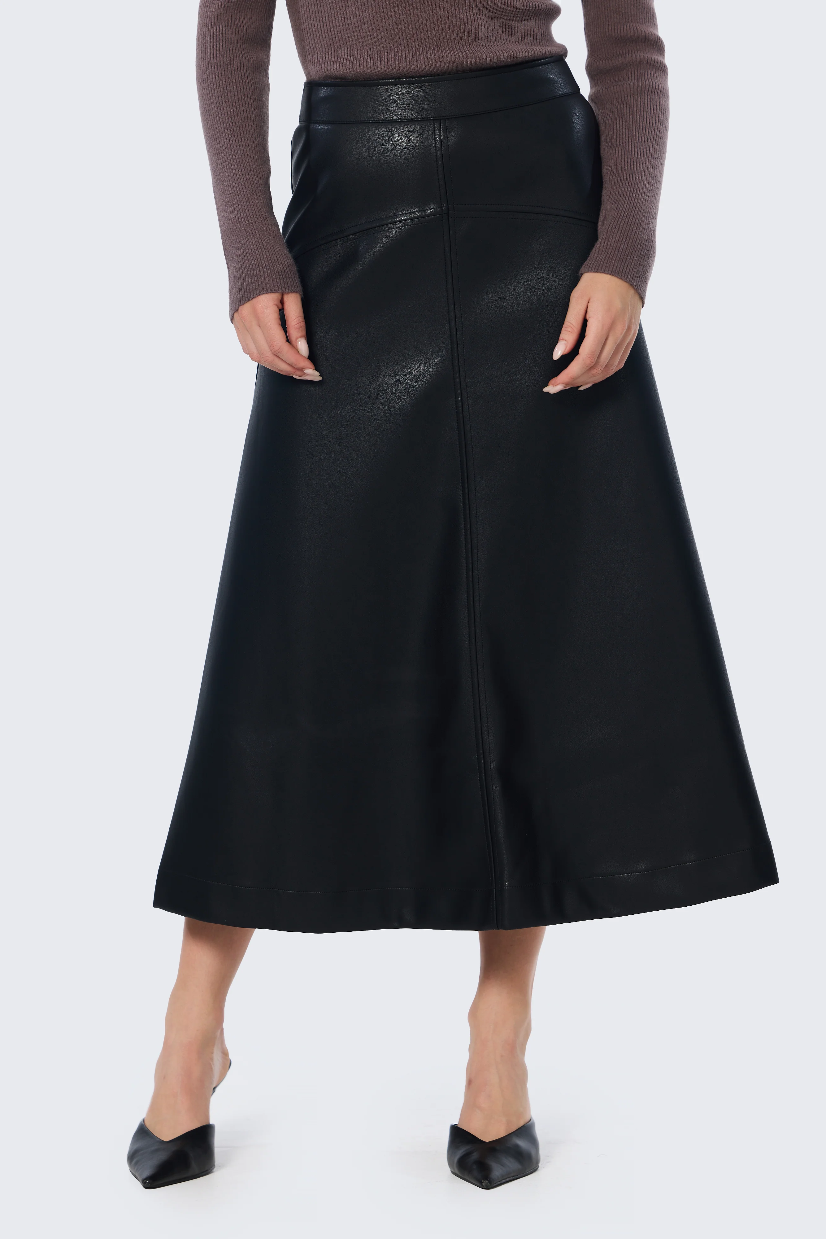 Vegan Leather A-Line Skirt - Black - Image 3
