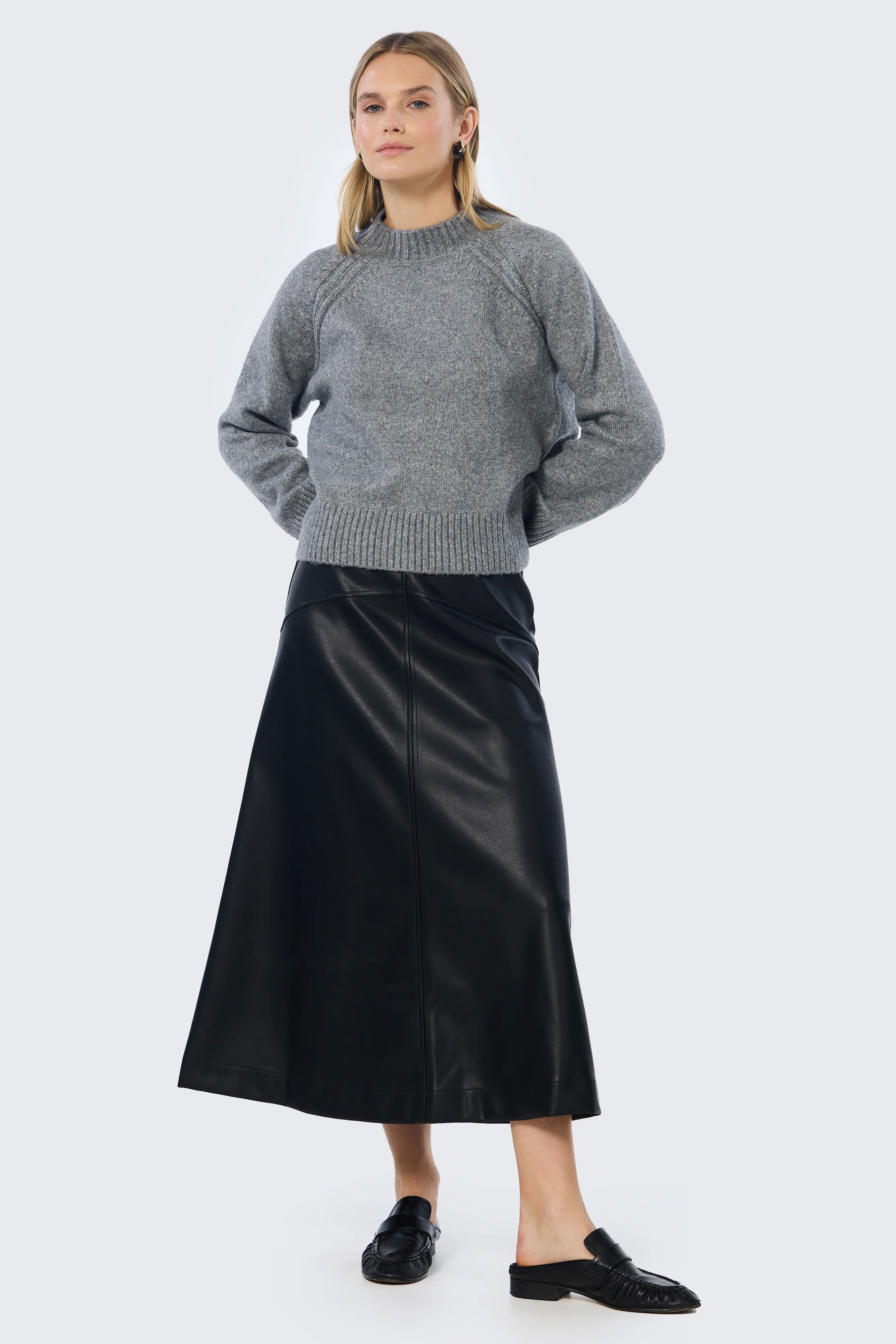 Vegan Leather A-Line Skirt - Black - Image 7