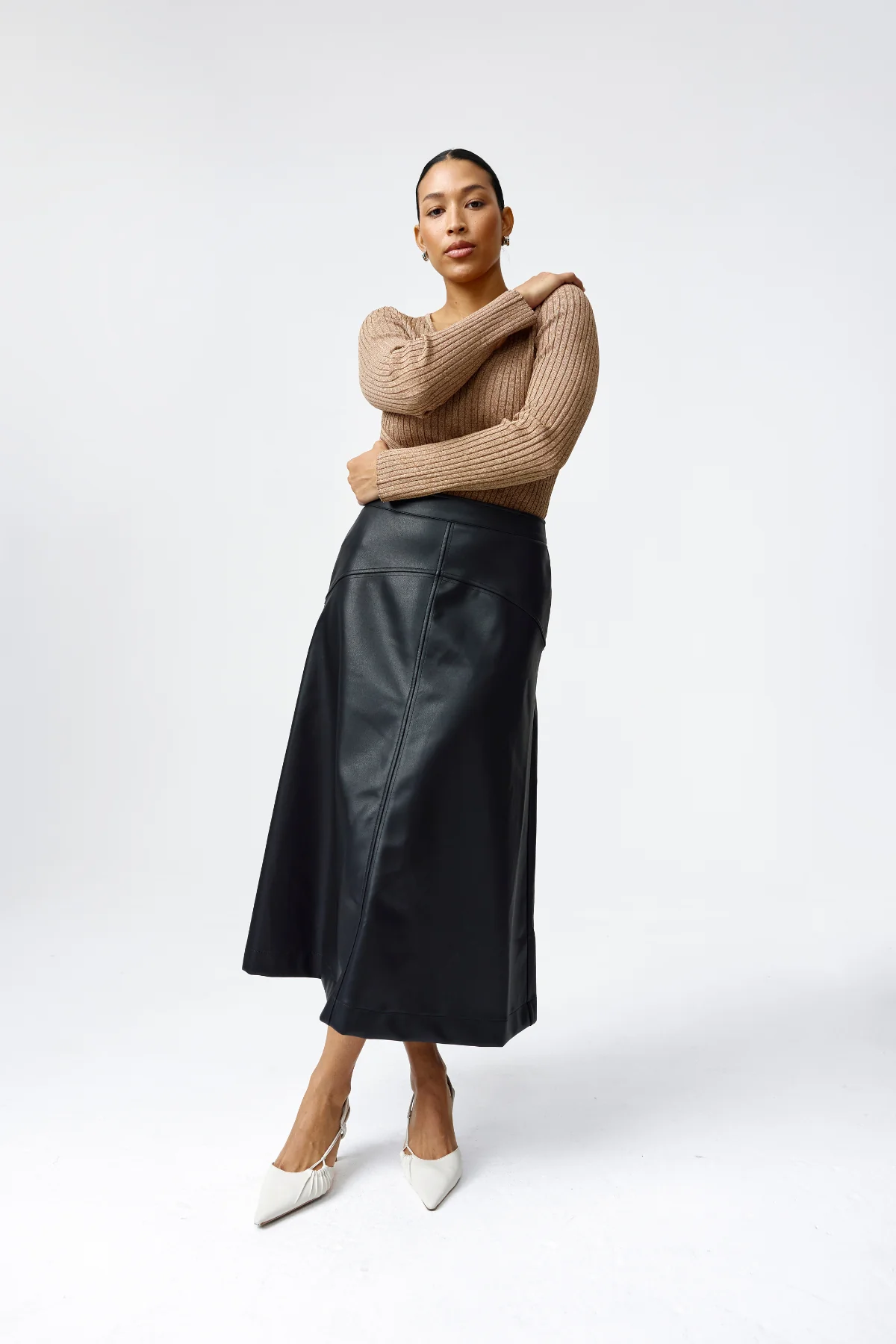 Vegan Leather A-Line Skirt - Black - Image 8