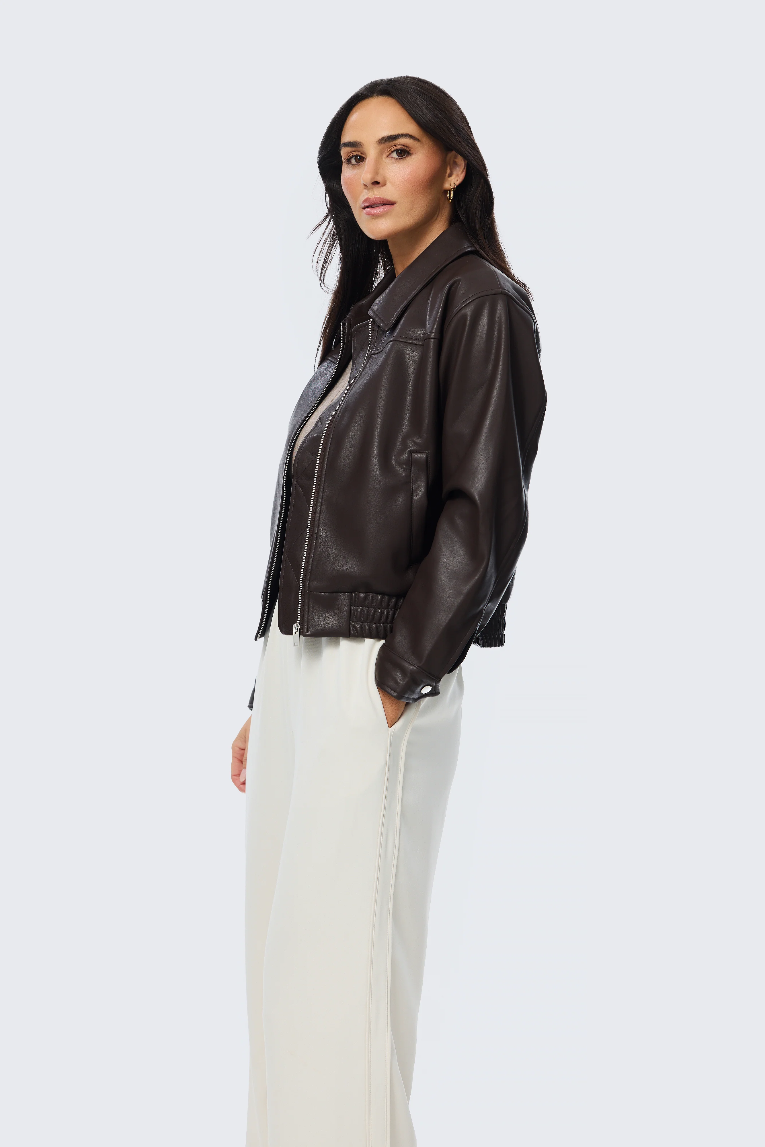 Vegan Leather Bomber Jacket - Dark Chocolate - Image 3