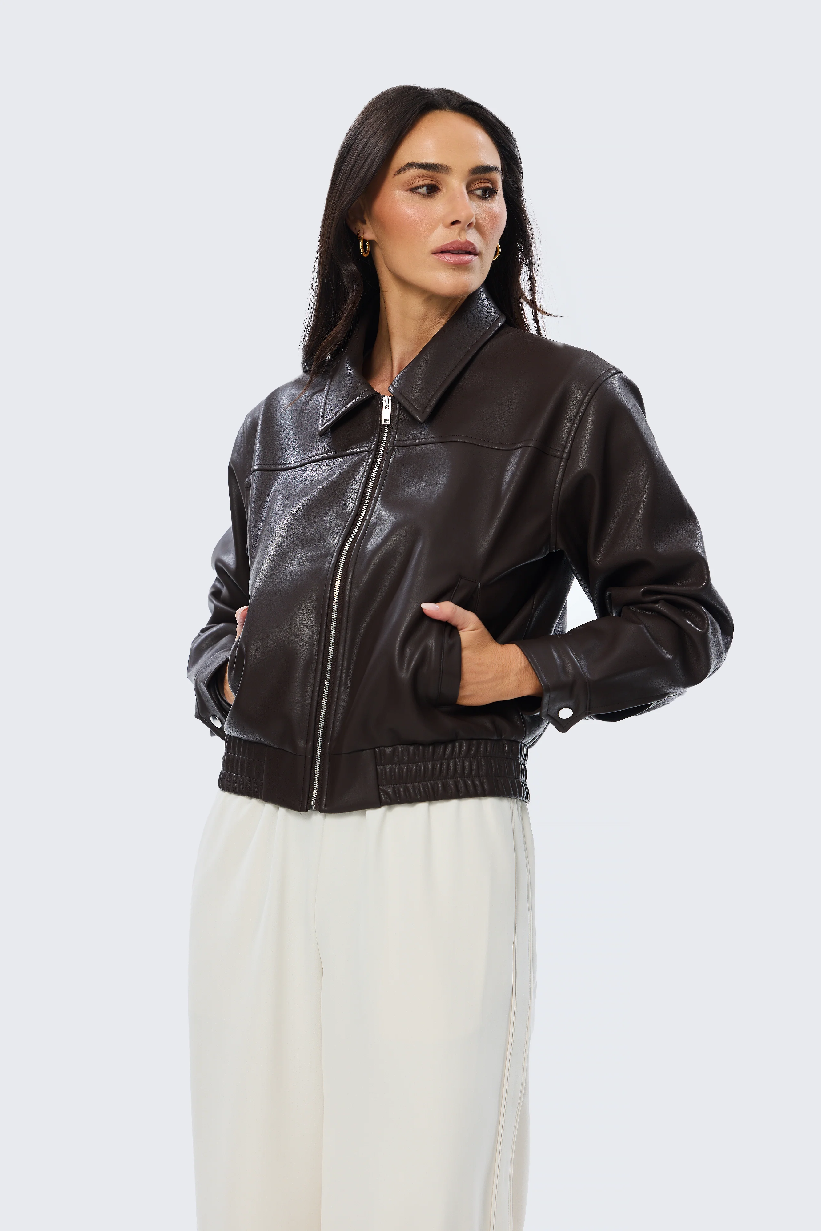 Vegan Leather Bomber Jacket - Dark Chocolate - Image 6
