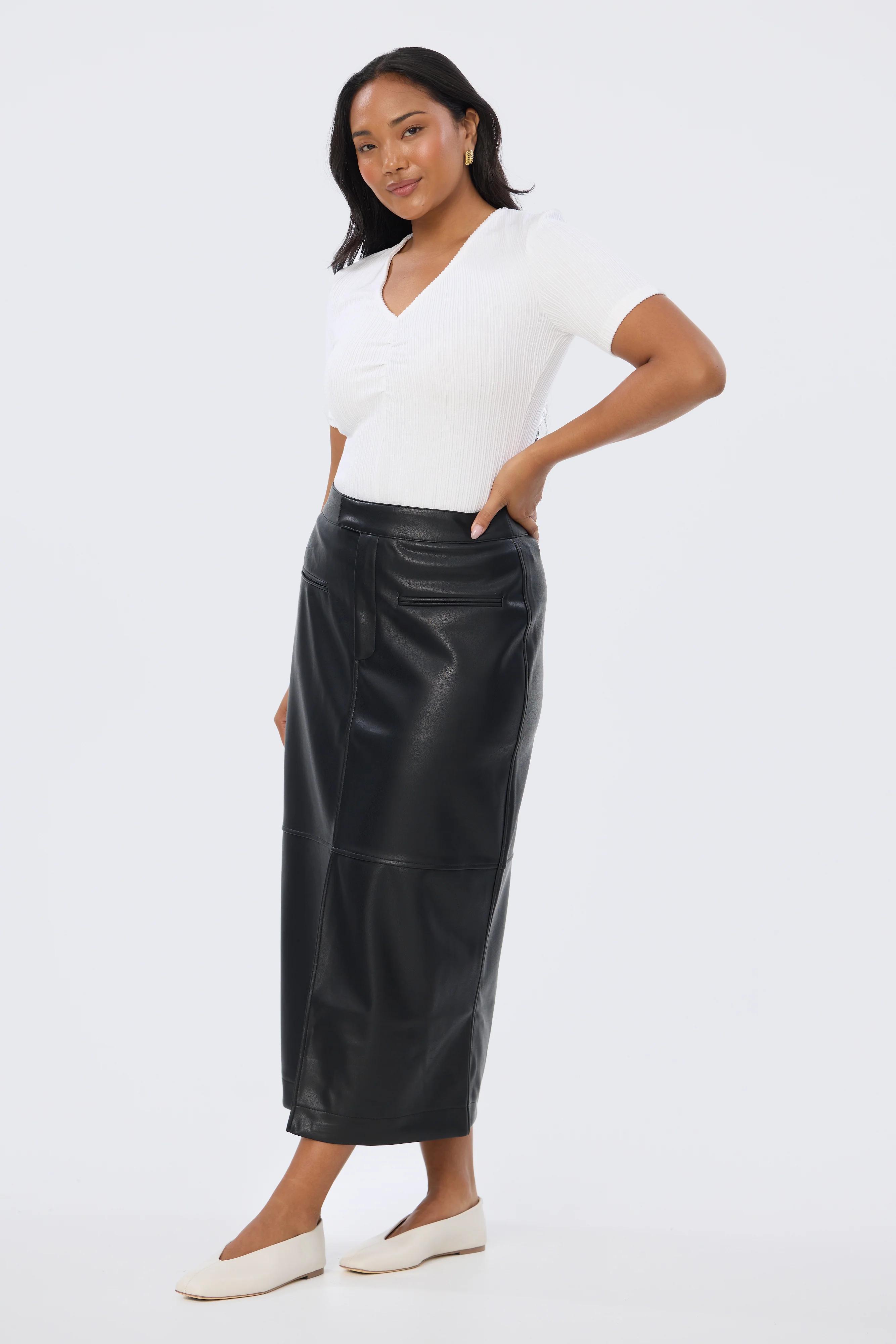 Vegan Leather Straight Midi Skirt - Black - Image 4