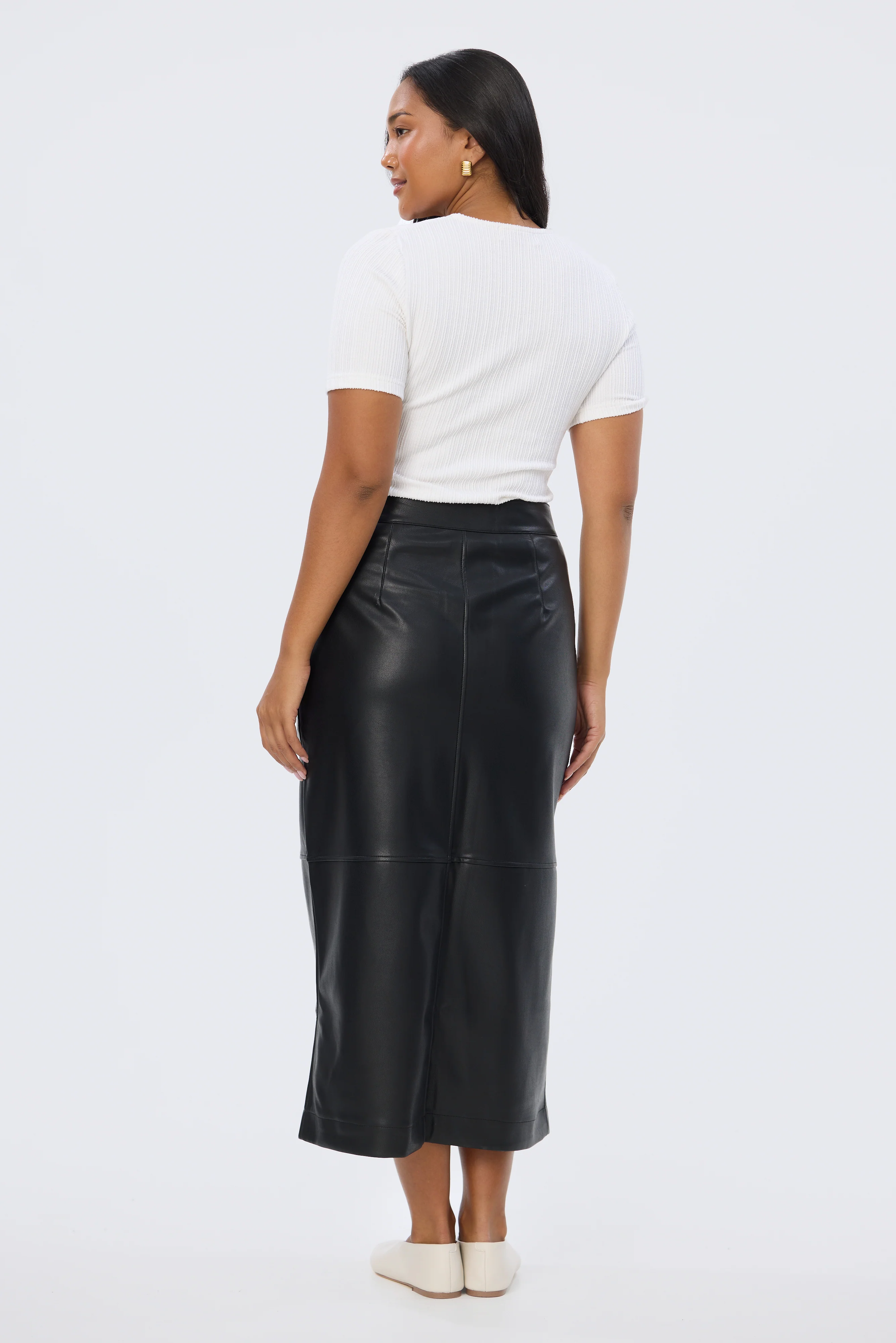 Vegan Leather Straight Midi Skirt - Black - Image 5