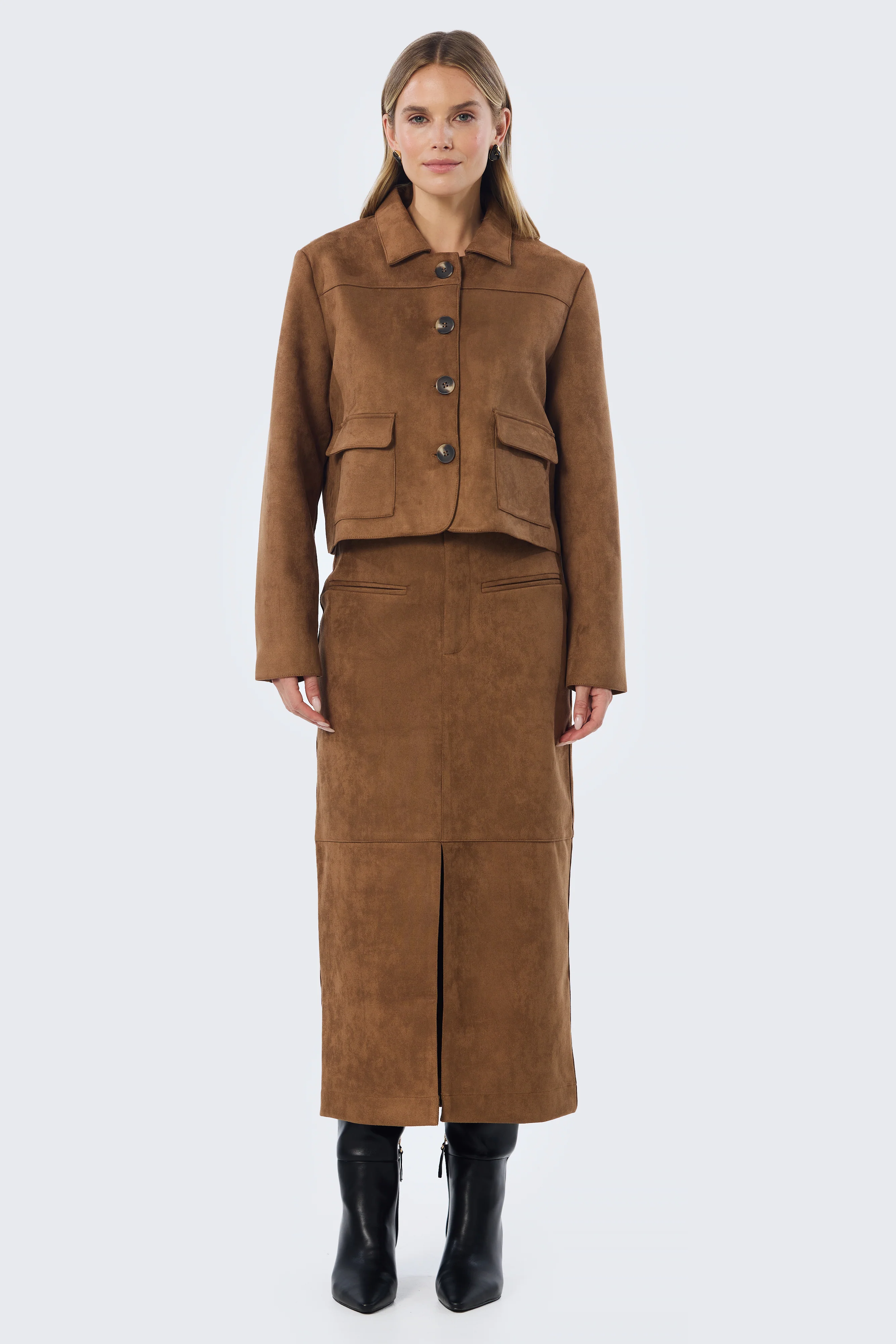 Vegan Suede Button-Through Jacket - Camel - Image 11