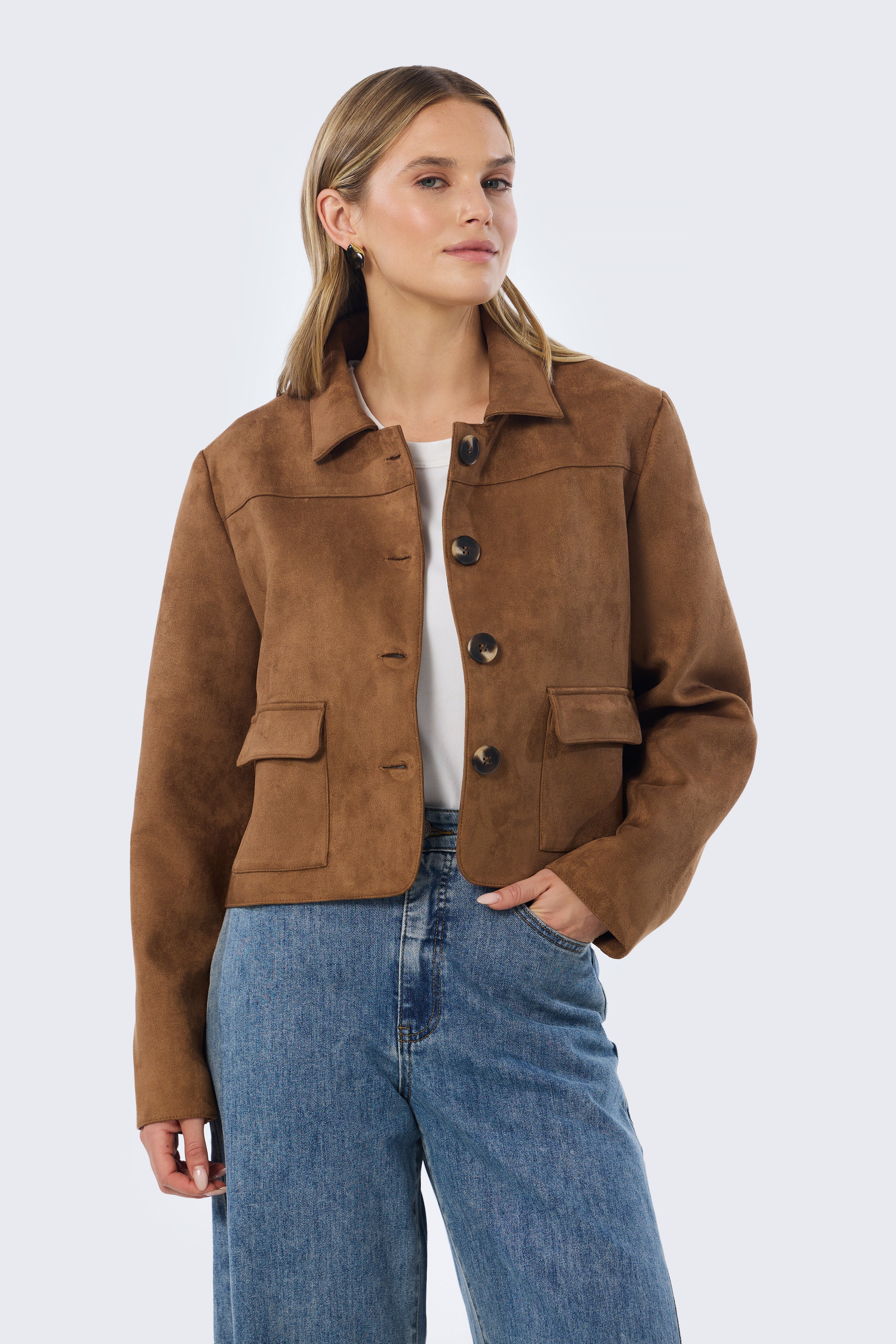 Vegan Suede Button-Through Jacket - Camel - Image 3