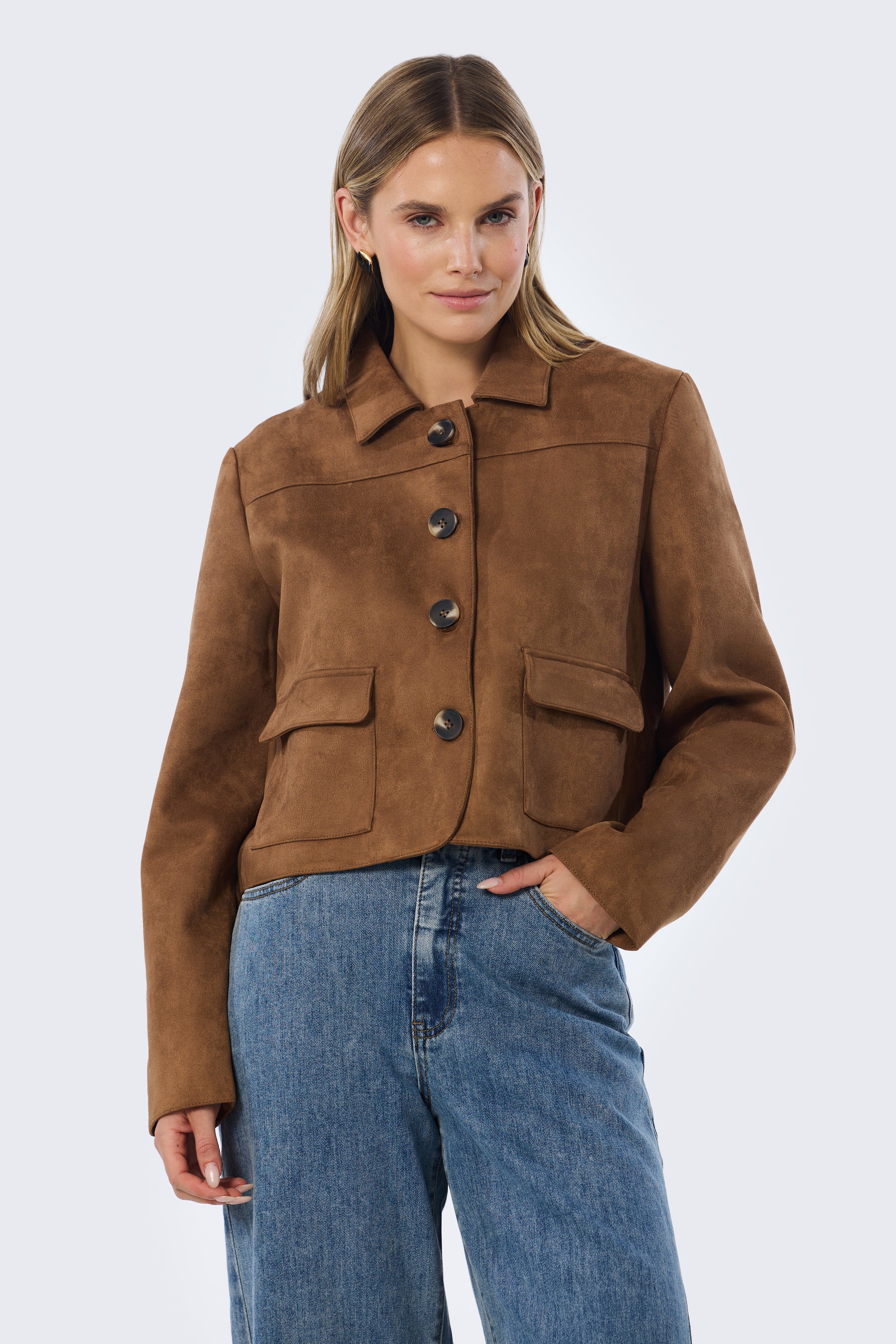 Vegan Suede Button-Through Jacket - Camel - Image 9
