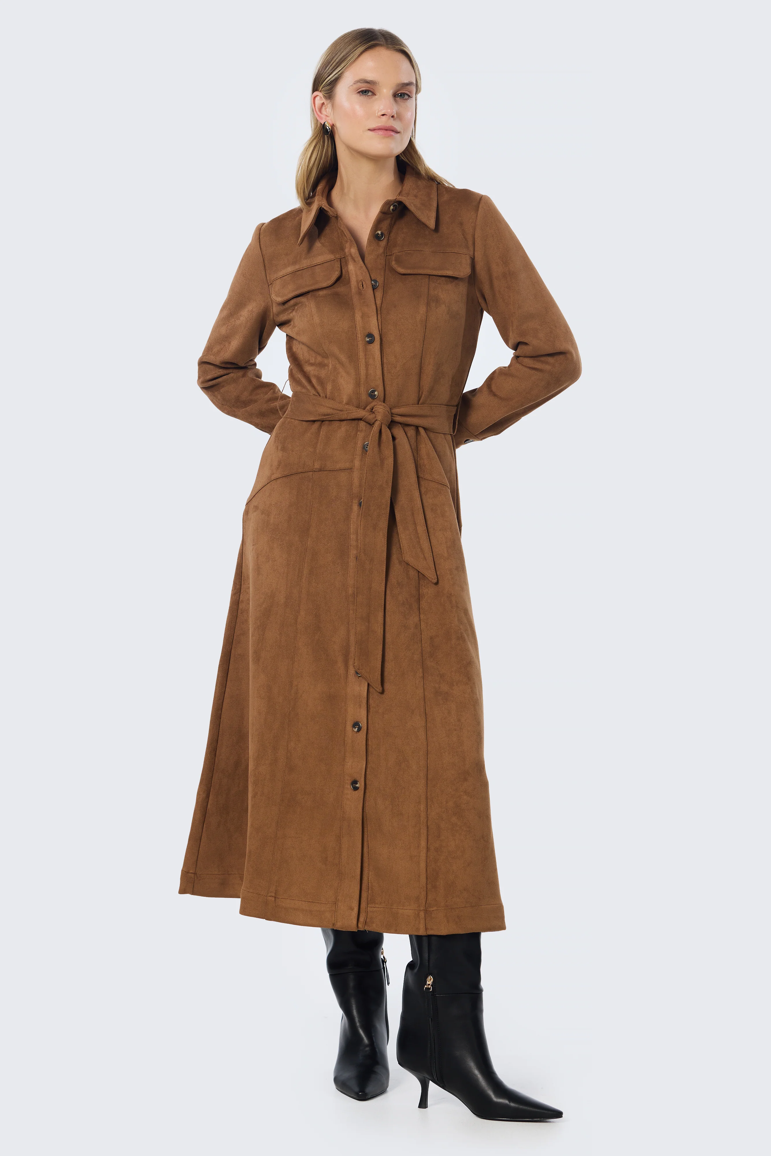 Vegan Suede Shirt Dress - Camel - Image 3