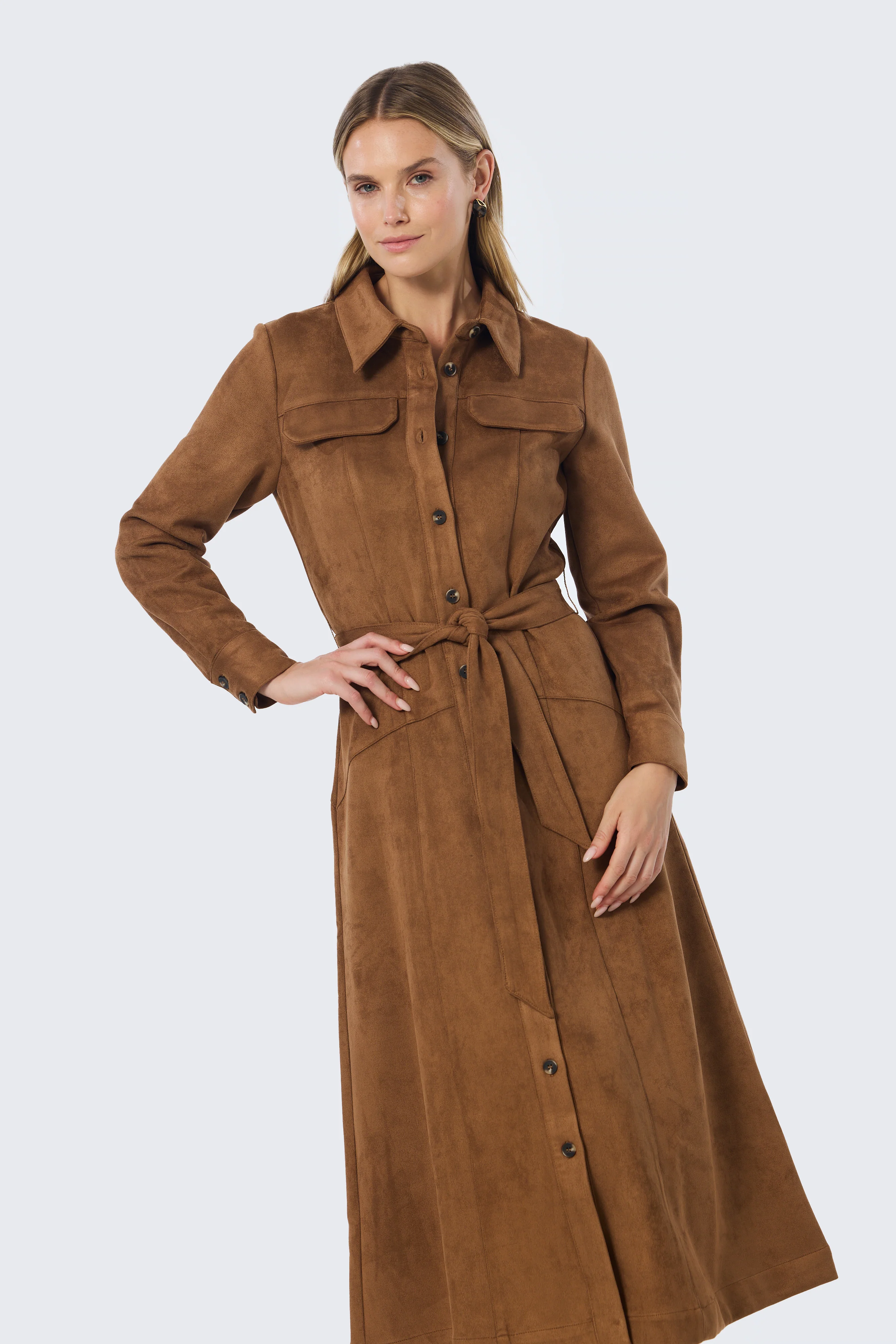 Vegan Suede Shirt Dress - Camel - Image 5
