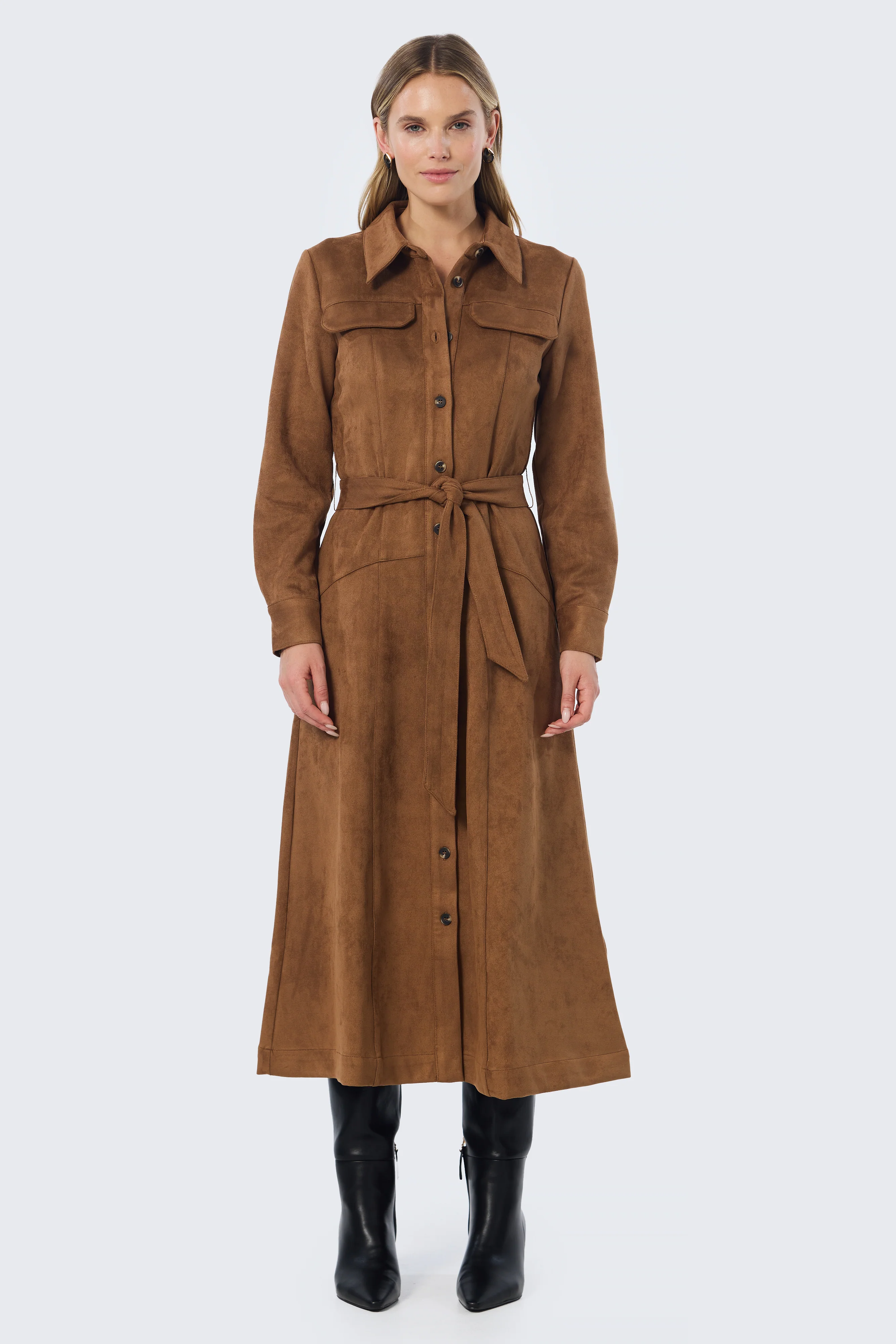 Vegan Suede Shirt Dress - Camel - Image 6