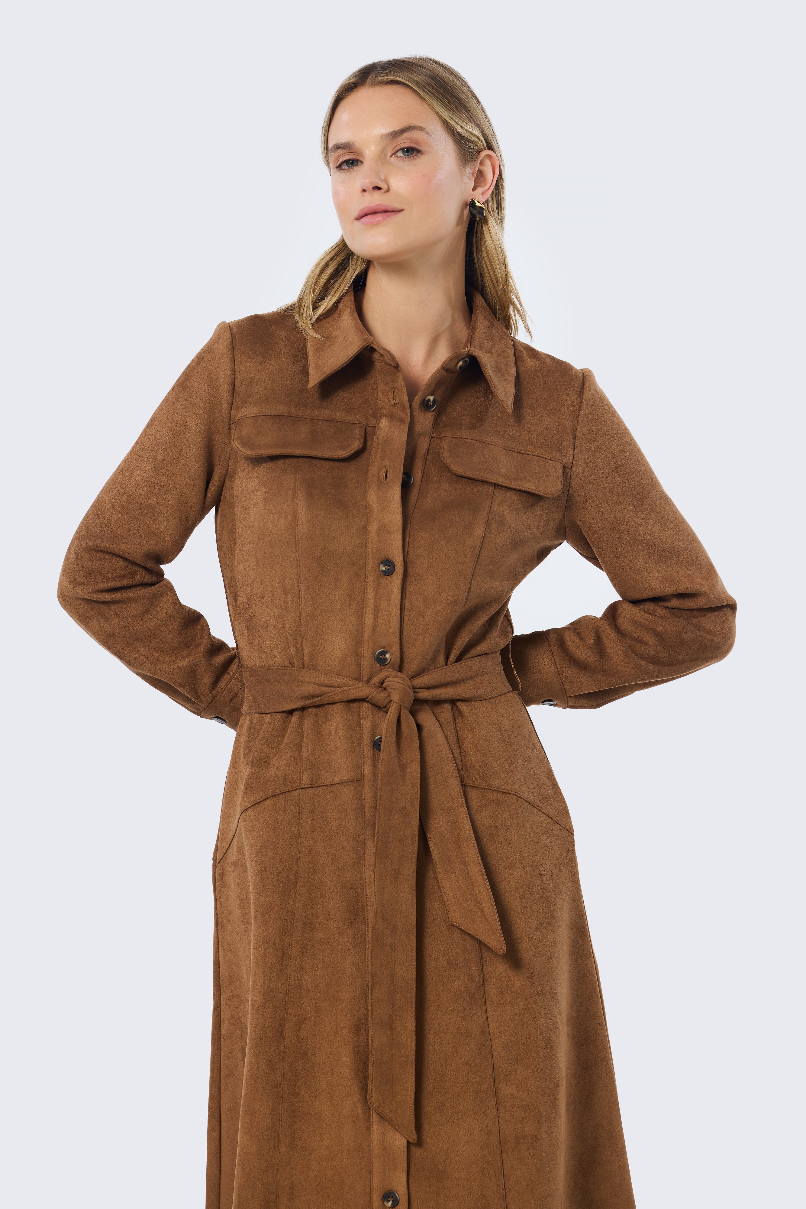 Vegan Suede Shirt Dress - Camel - Image 7