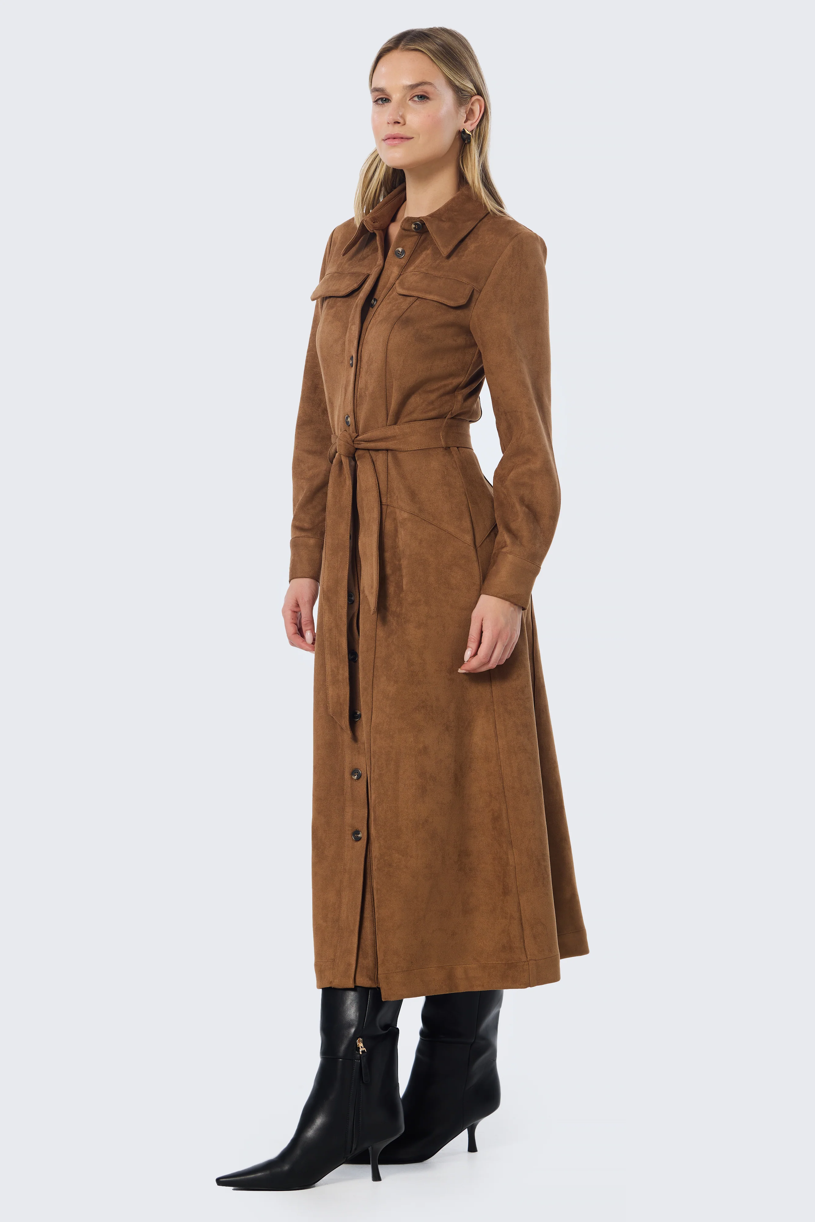 Vegan Suede Shirt Dress - Camel - Image 8